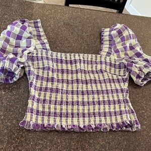 FIND ME NOW Ladies purple green check smock blouse-L